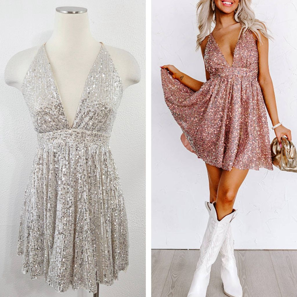 Luxxel sequin babydoll mini dress metallic silver nude strappy formal small S
